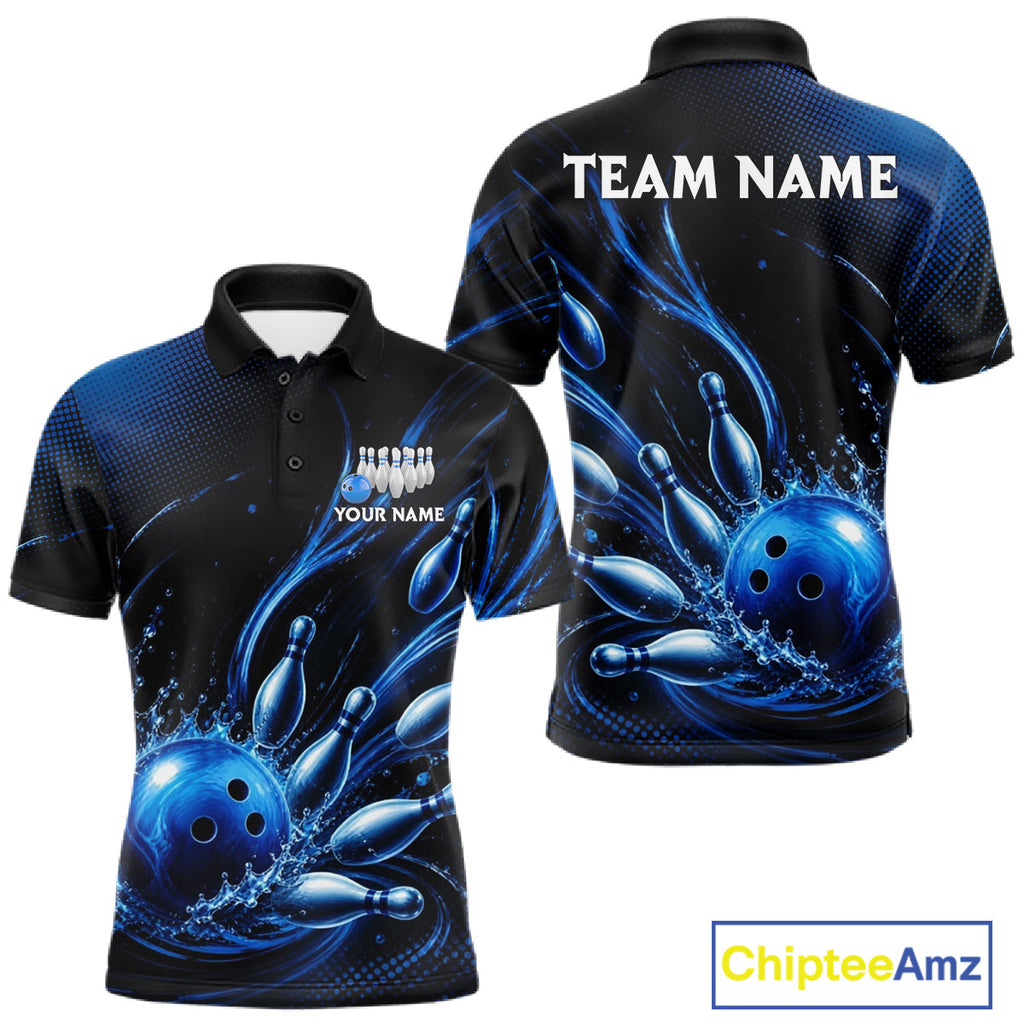 Blue Watering Bowling Ball & Pins Jerseys Custom Splatter Bowling Shirt Team Attire
