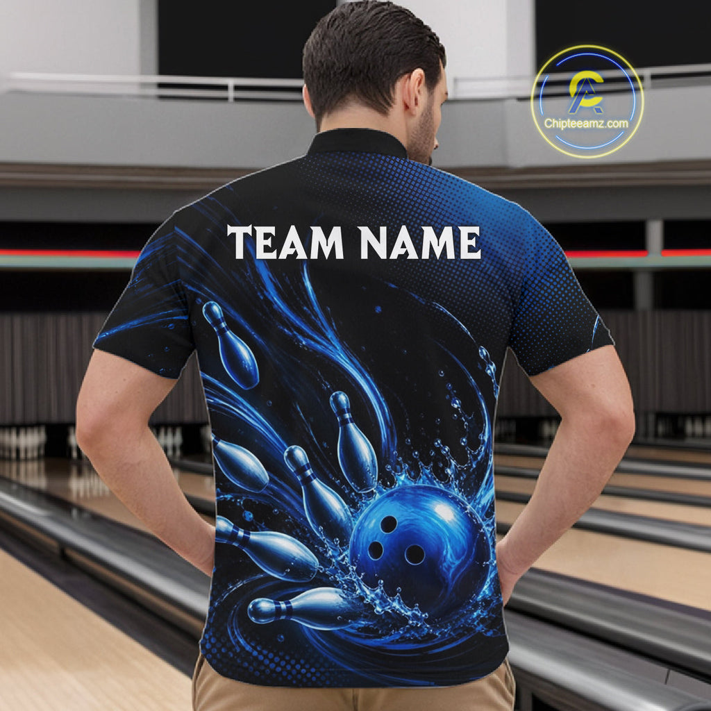 Blue Watering Bowling Ball & Pins Jerseys Custom Splatter Bowling Shirt Team Attire