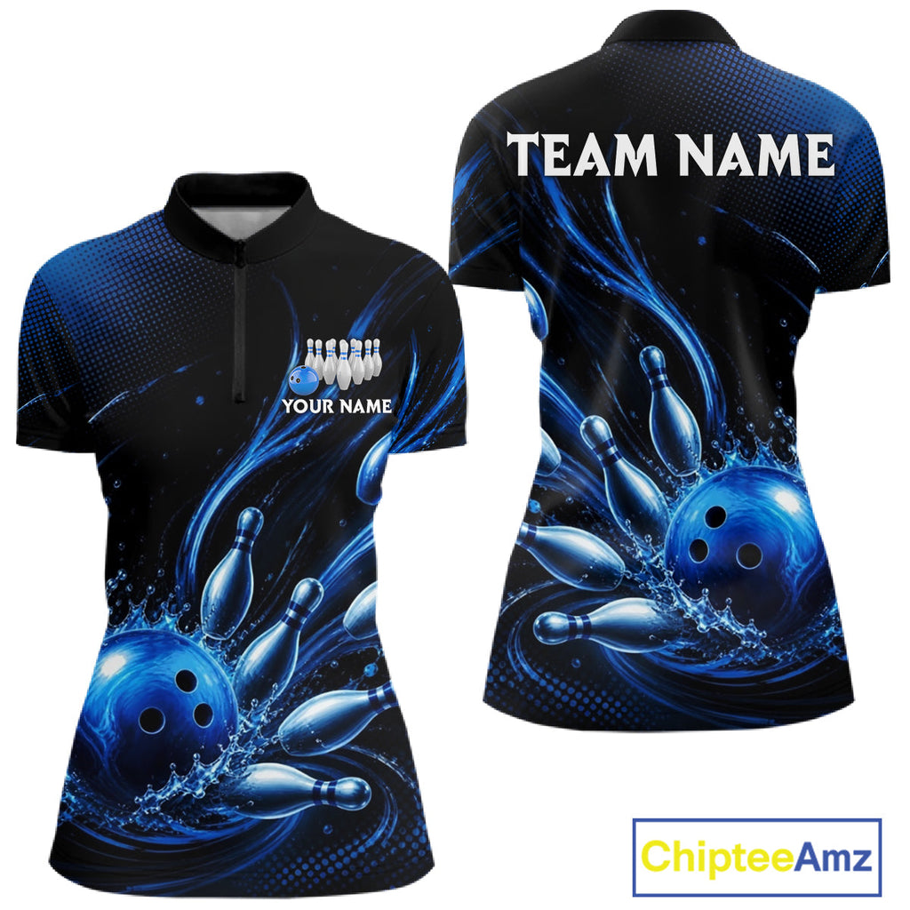Blue Watering Bowling Ball & Pins Jerseys Custom Splatter Bowling Shirt Team Attire