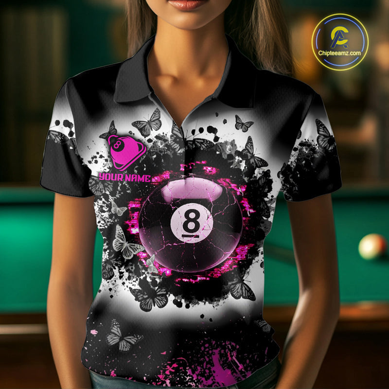 Black, White & Pink Billiard 8 Ball Pool Shirt Custom Butterfly Grunge Team Billiard Jersey