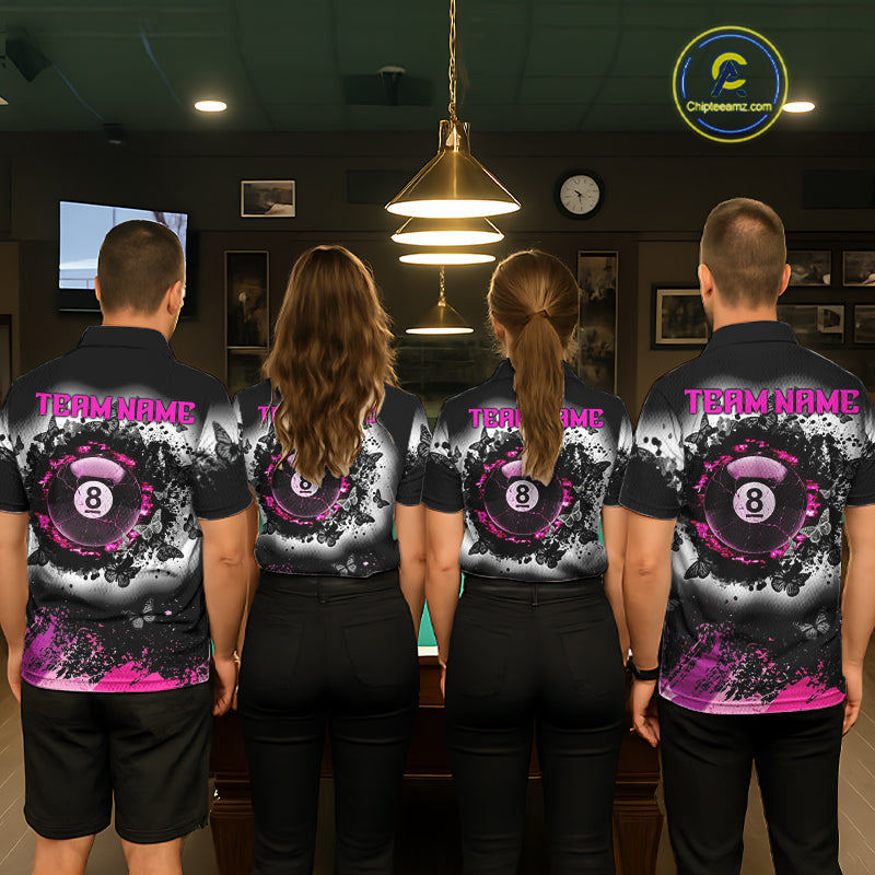 Black, White & Pink Billiard 8 Ball Pool Shirt Custom Butterfly Grunge Team Billiard Jersey
