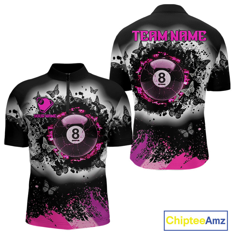 Black, White & Pink Billiard 8 Ball Pool Shirt Custom Butterfly Grunge Team Billiard Jersey