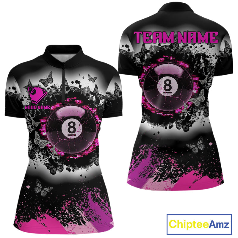 Black, White & Pink Billiard 8 Ball Pool Shirt Custom Butterfly Grunge Team Billiard Jersey