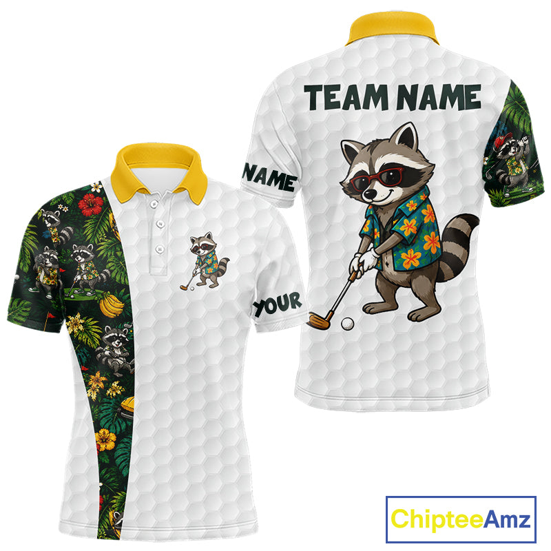 Custom Raccoon Golfer Golf Ball Team Attire Tropical Monstera Golf Polo Golf Shirts