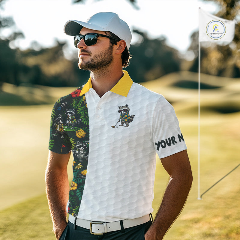 Custom Raccoon Golfer Golf Ball Team Attire Tropical Monstera Golf Polo Golf Shirts
