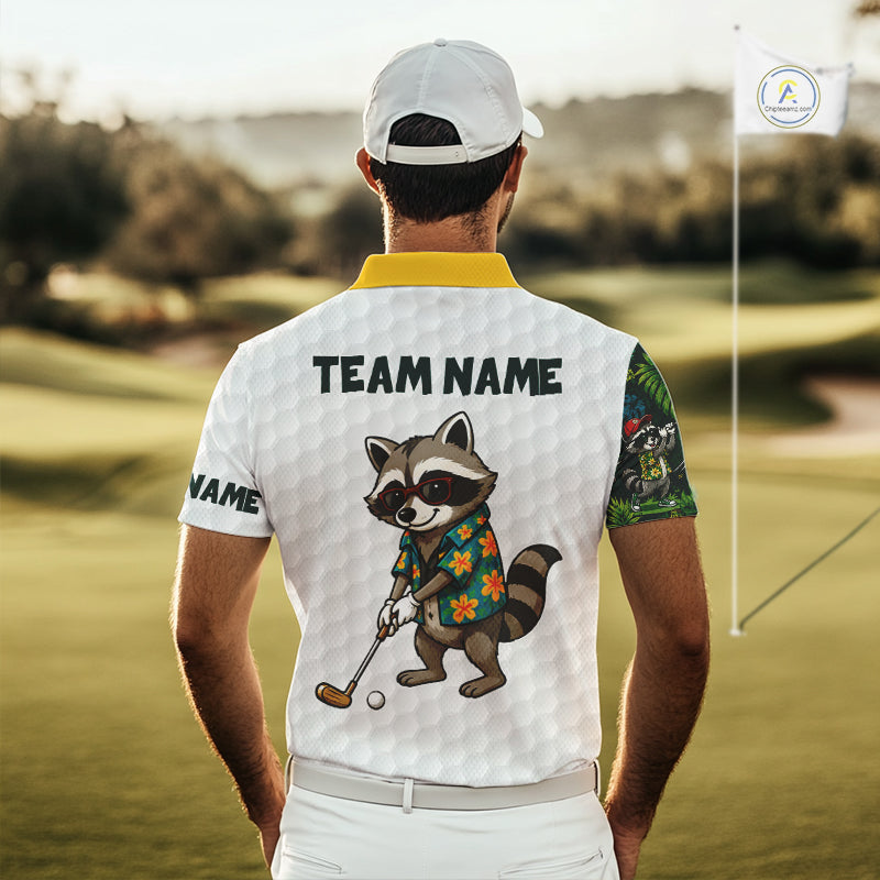 Custom Raccoon Golfer Golf Ball Team Attire Tropical Monstera Golf Polo Golf Shirts