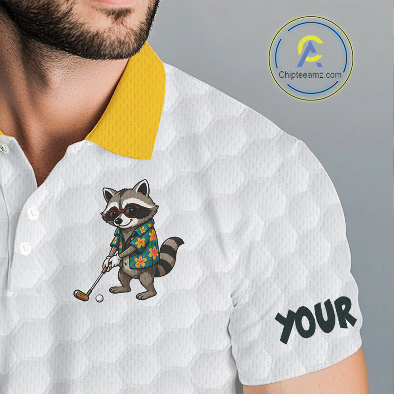 Custom Raccoon Golfer Golf Ball Team Attire Tropical Monstera Golf Polo Golf Shirts