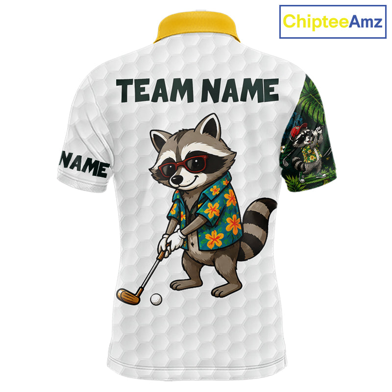 Custom Raccoon Golfer Golf Ball Team Attire Tropical Monstera Golf Polo Golf Shirts