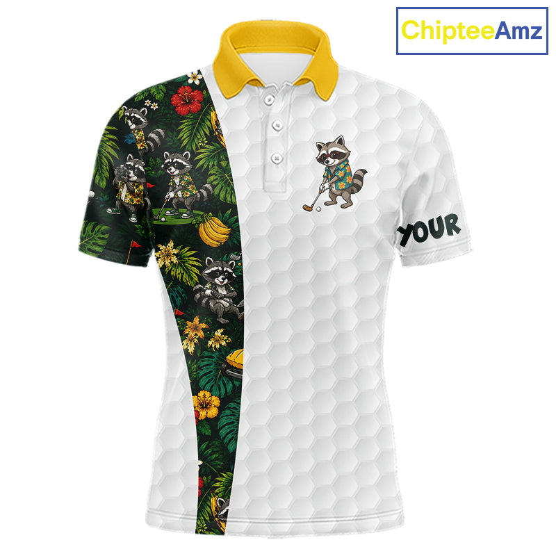 Custom Raccoon Golfer Golf Ball Team Attire Tropical Monstera Golf Polo Golf Shirts