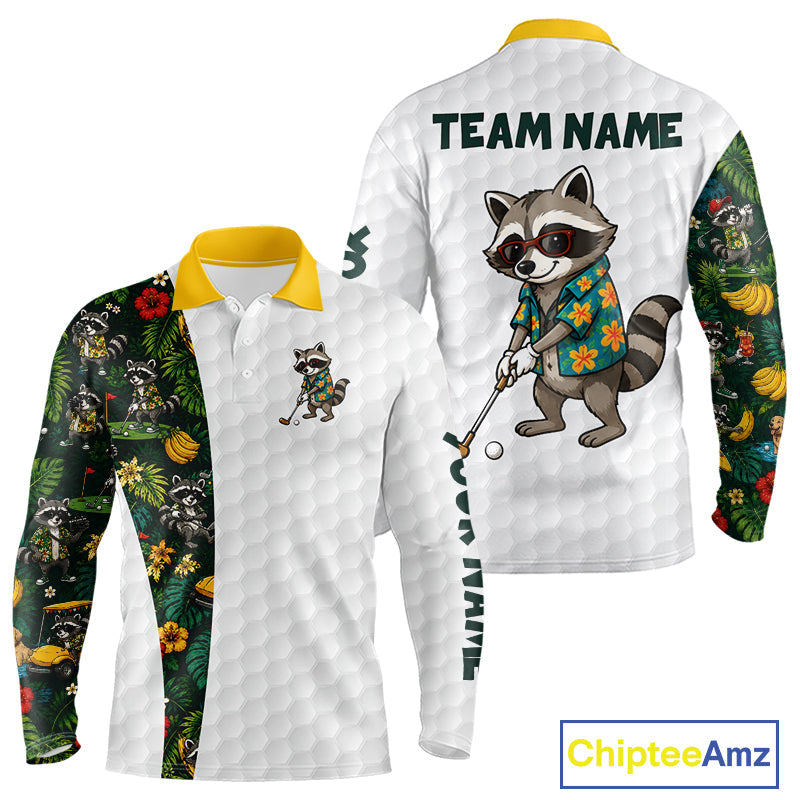 Custom Raccoon Golfer Golf Ball Team Attire Tropical Monstera Golf Polo Golf Shirts