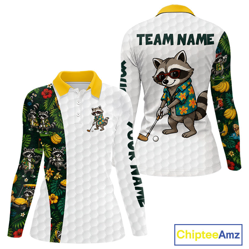 Custom Raccoon Golfer Golf Ball Team Attire Tropical Monstera Golf Polo Golf Shirts