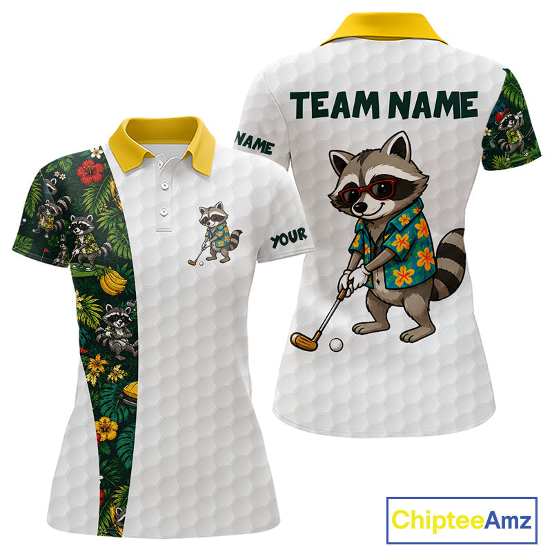 Custom Raccoon Golfer Golf Ball Team Attire Tropical Monstera Golf Polo Golf Shirts
