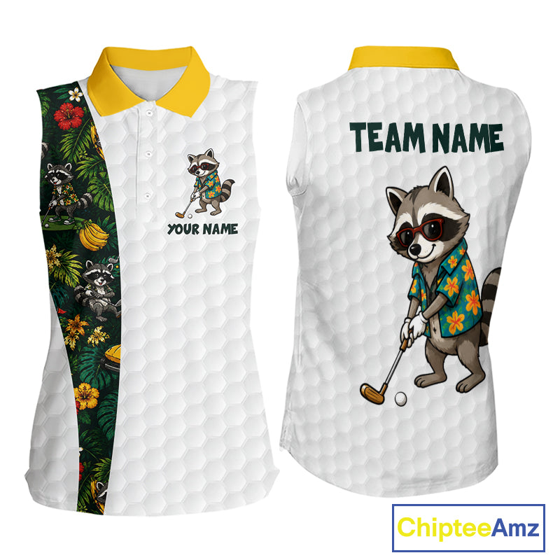 Custom Raccoon Golfer Golf Ball Team Attire Tropical Monstera Sleeveless Golf Polo Golf Shirts
