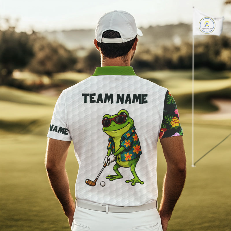 Custom Frog Golfer Golf Ball Team Attire Tropical Monstera Golf Polo Golf Shirts