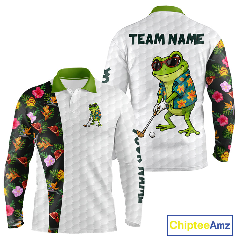 Custom Frog Golfer Golf Ball Team Attire Tropical Monstera Golf Polo Golf Shirts