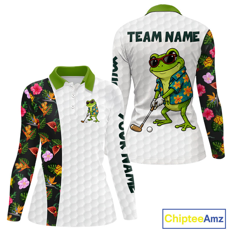 Custom Frog Golfer Golf Ball Team Attire Tropical Monstera Golf Polo Golf Shirts