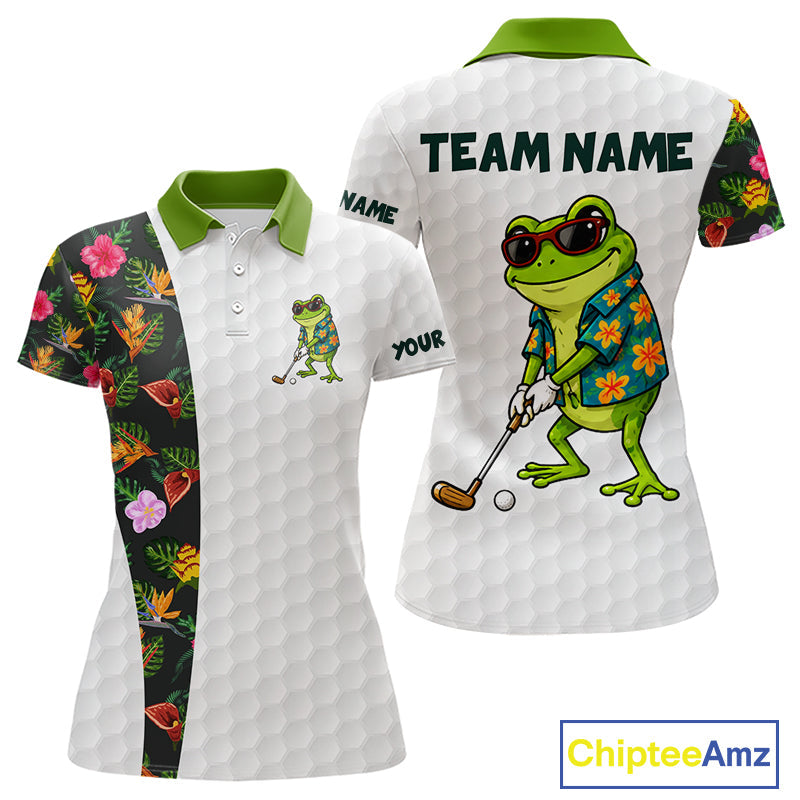 Custom Frog Golfer Golf Ball Team Attire Tropical Monstera Golf Polo Golf Shirts