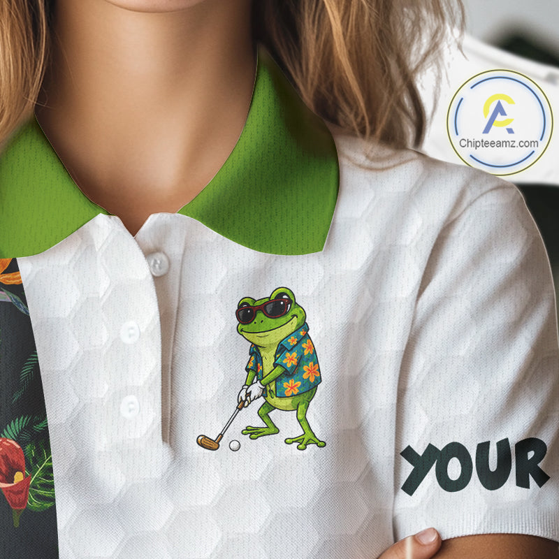 Custom Frog Golfer Golf Ball Team Attire Tropical Monstera Golf Polo Golf Shirts