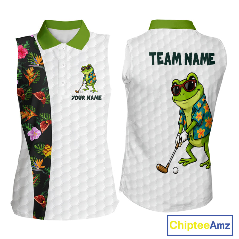 Custom Frog Golfer Golf Ball Team Attire Tropical Monstera Sleeveless Golf Polo Golf Shirts