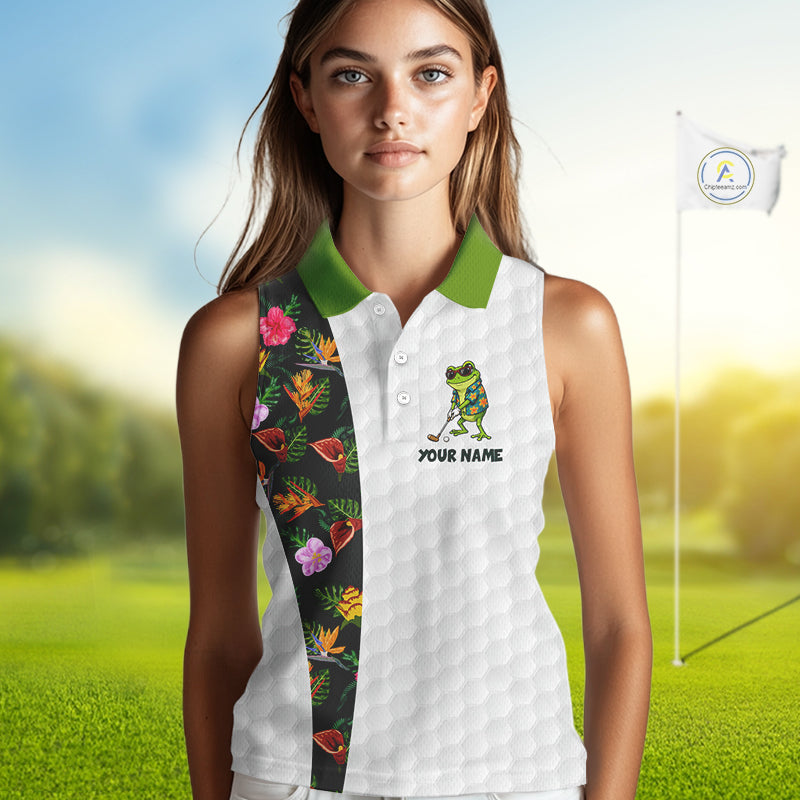 Custom Frog Golfer Golf Ball Team Attire Tropical Monstera Sleeveless Golf Polo Golf Shirts