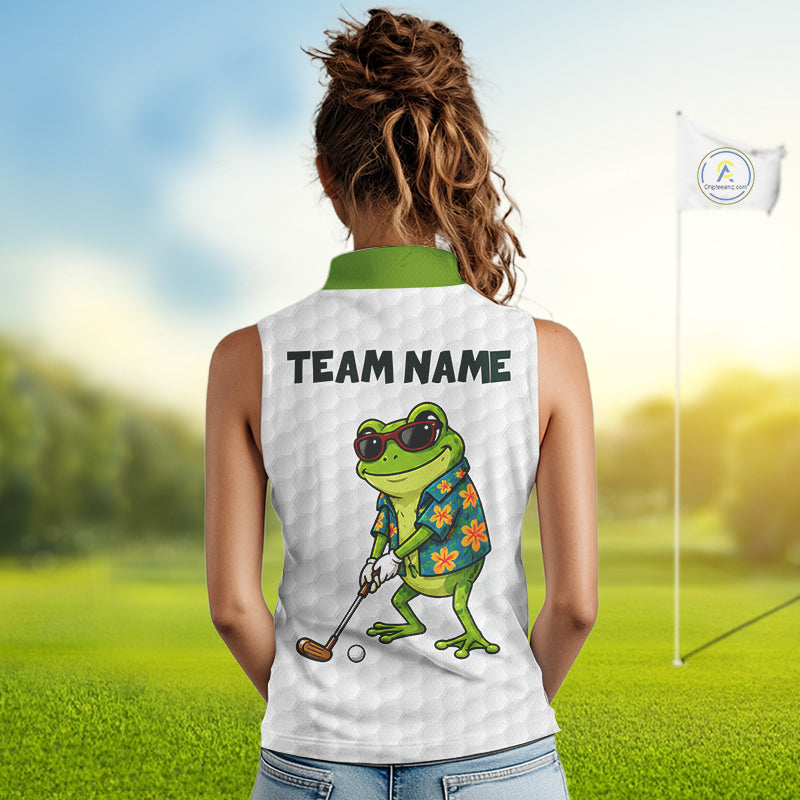 Custom Frog Golfer Golf Ball Team Attire Tropical Monstera Sleeveless Golf Polo Golf Shirts
