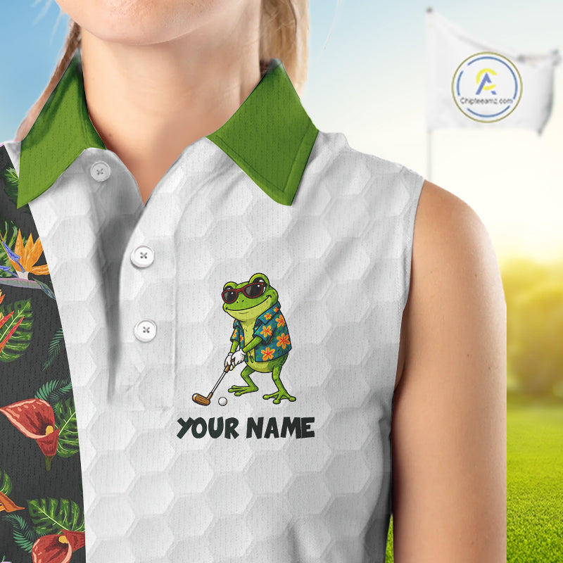 Custom Frog Golfer Golf Ball Team Attire Tropical Monstera Sleeveless Golf Polo Golf Shirts