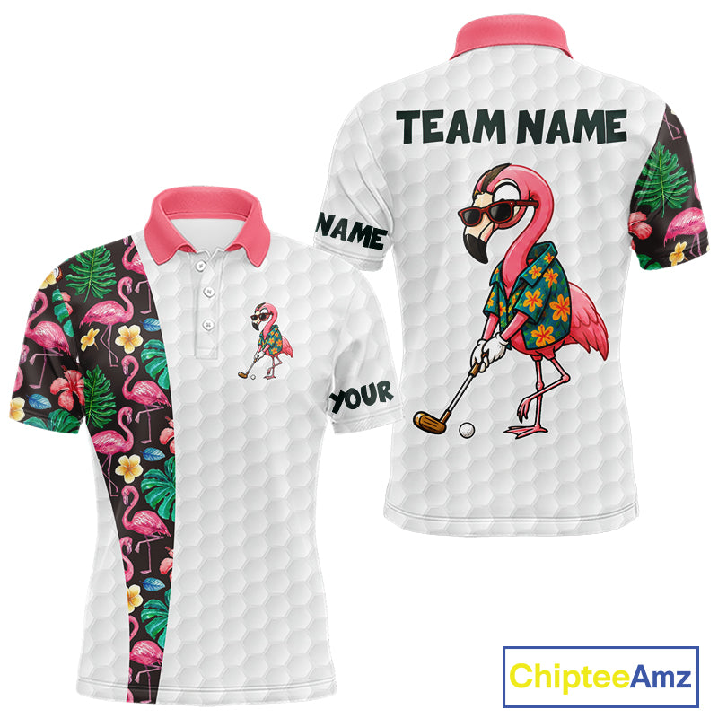 Custom Flamingo Golfer Golf Ball Team Attire Tropical Monstera Golf Polo Golf Shirts