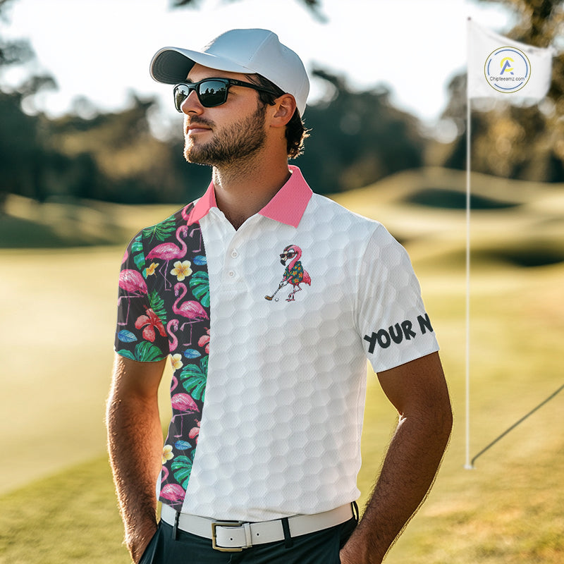 Custom Flamingo Golfer Golf Ball Team Attire Tropical Monstera Golf Polo Golf Shirts