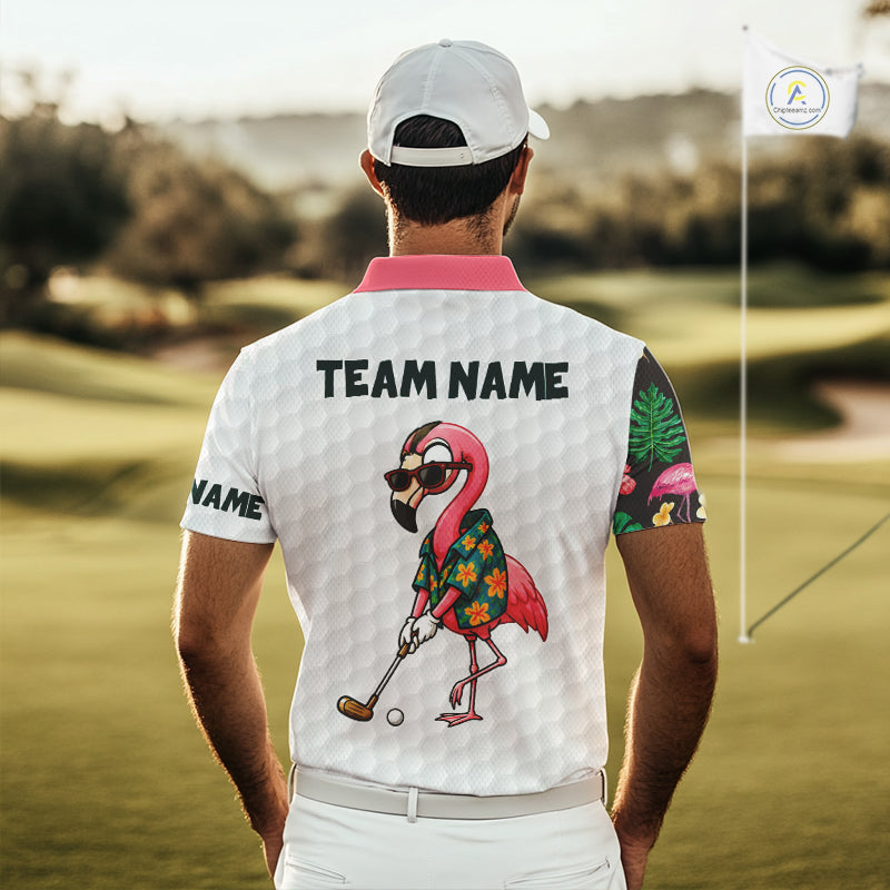 Custom Flamingo Golfer Golf Ball Team Attire Tropical Monstera Golf Polo Golf Shirts
