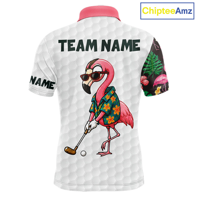 Custom Flamingo Golfer Golf Ball Team Attire Tropical Monstera Golf Polo Golf Shirts