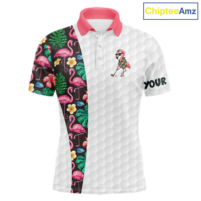 Custom Flamingo Golfer Golf Ball Team Attire Tropical Monstera Golf Polo Golf Shirts
