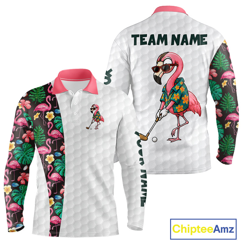 Custom Flamingo Golfer Golf Ball Team Attire Tropical Monstera Golf Polo Golf Shirts
