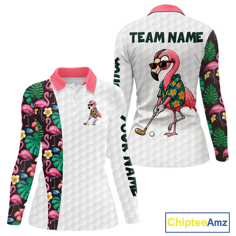 Custom Flamingo Golfer Golf Ball Team Attire Tropical Monstera Golf Polo Golf Shirts