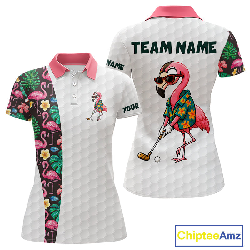 Custom Flamingo Golfer Golf Ball Team Attire Tropical Monstera Golf Polo Golf Shirts