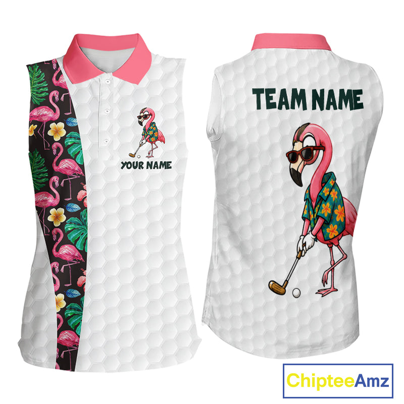 Custom Flamingo Golfer Golf Ball Team Attire Tropical Monstera Sleeveless Golf Polo Golf Shirts