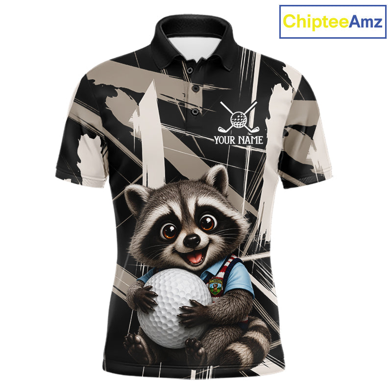 Funny Cute Raccoon Golf Polo Shirts Custom Beige & Cream Brush Golf Team Outfit, Golf Gifts