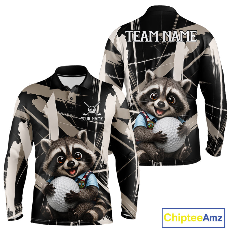 Funny Cute Raccoon Golf Polo Shirts Custom Beige & Cream Brush Golf Team Outfit, Golf Gifts