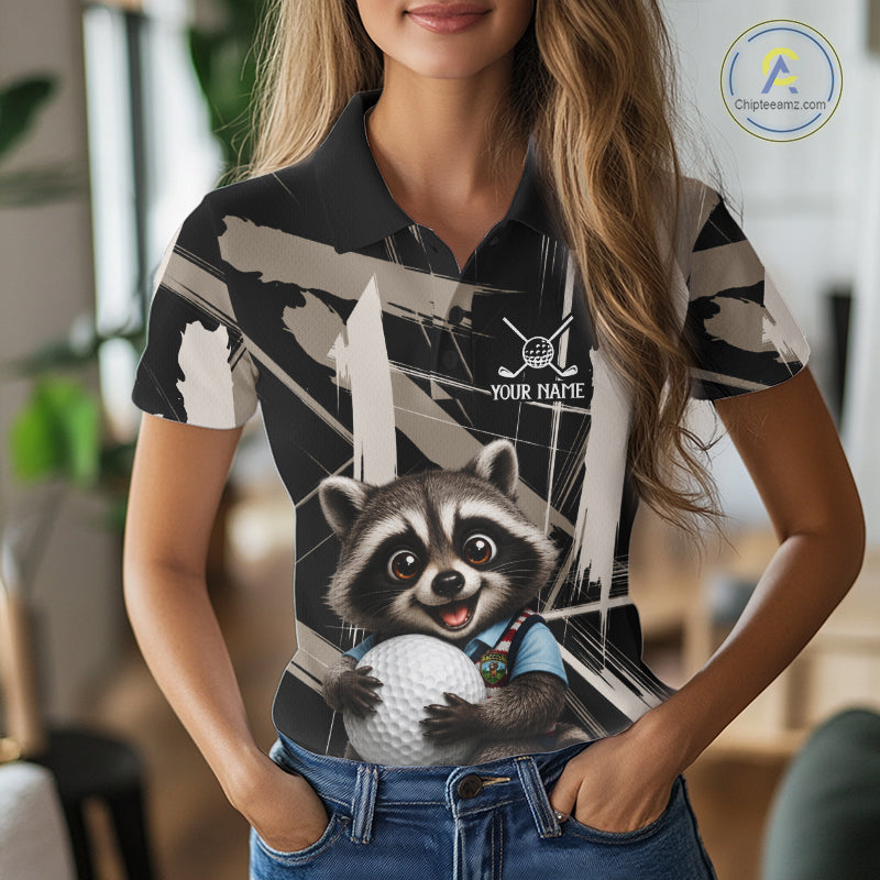 Funny Cute Raccoon Golf Polo Shirts Custom Beige & Cream Brush Golf Team Outfit, Golf Gifts