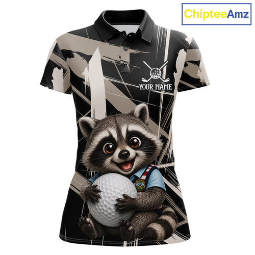 Funny Cute Raccoon Golf Polo Shirts Custom Beige & Cream Brush Golf Team Outfit, Golf Gifts