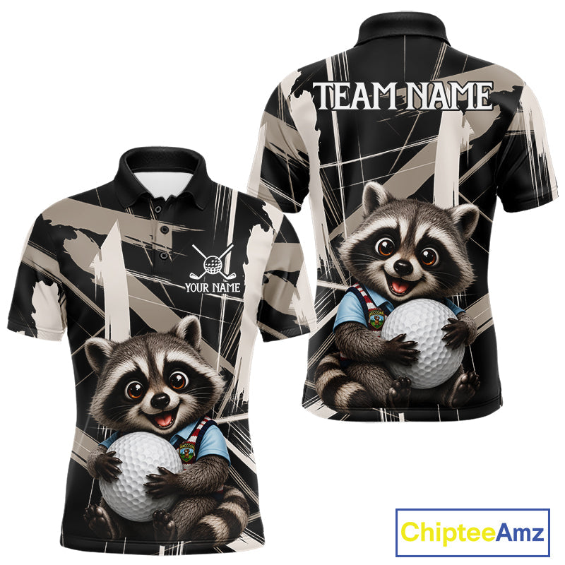 Funny Cute Raccoon Golf Polo Shirts Custom Beige & Cream Brush Golf Team Outfit, Golf Gifts