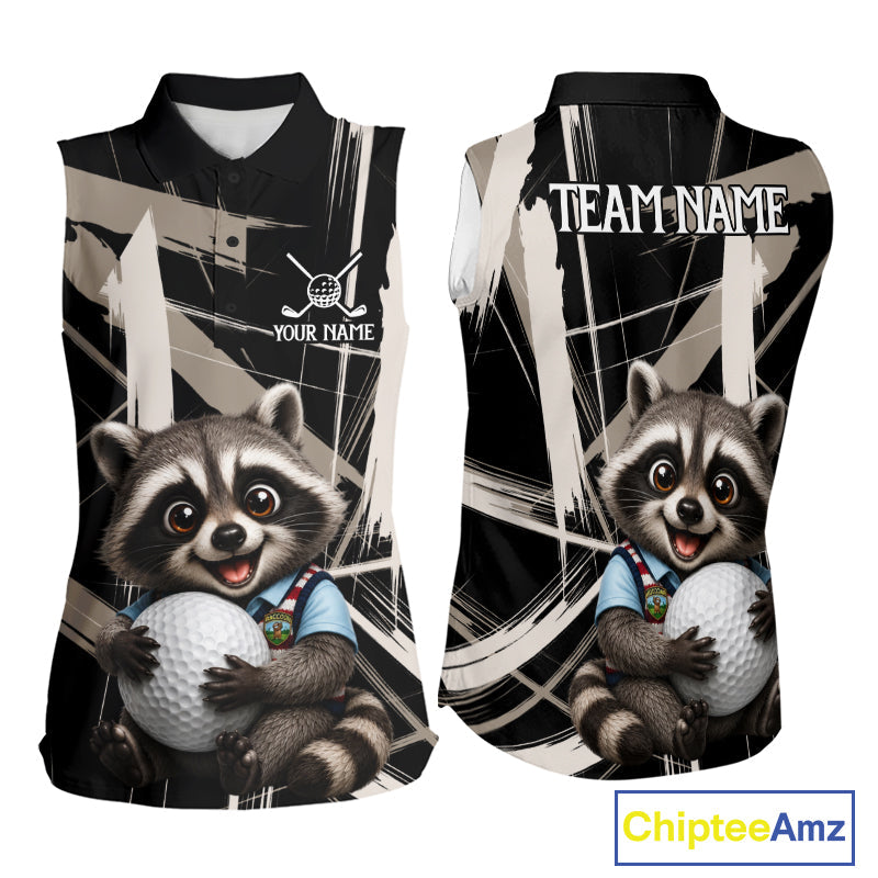 Funny Cute Raccoon Golf Sleeveless Polo Shirts Custom Beige & Cream Brush Golf Team Outfit, Golf Gifts
