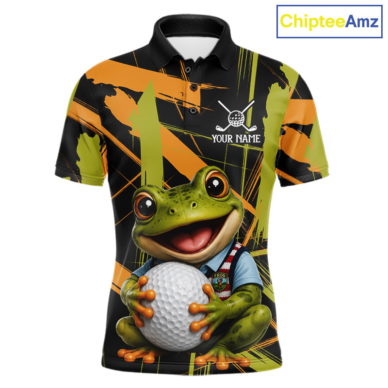 Funny Cute Frog Golf Polo Shirts Custom Yellow & Green Brush Golf Team Outfit, Golf Gifts