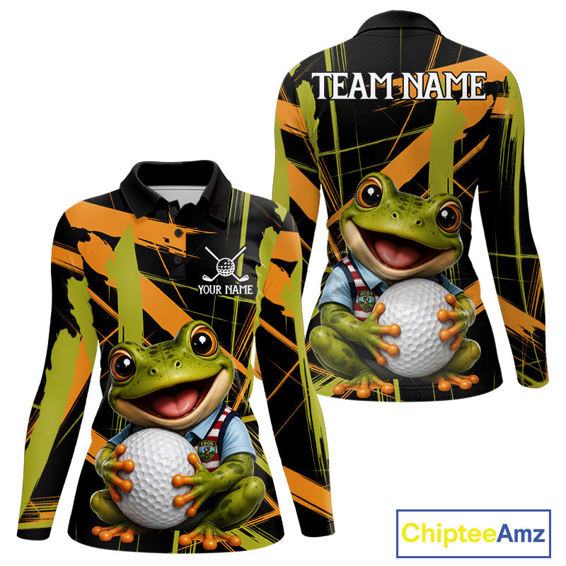 Funny Cute Frog Golf Polo Shirts Custom Yellow & Green Brush Golf Team Outfit, Golf Gifts