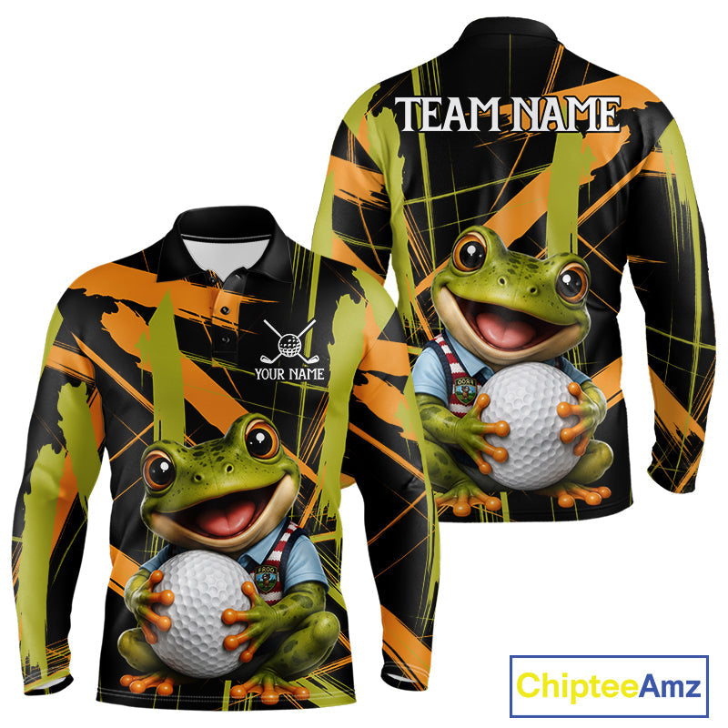 Funny Cute Frog Golf Polo Shirts Custom Yellow & Green Brush Golf Team Outfit, Golf Gifts