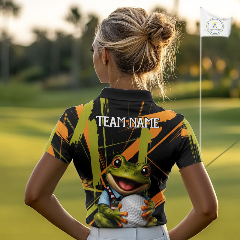 Funny Cute Frog Golf Polo Shirts Custom Yellow & Green Brush Golf Team Outfit, Golf Gifts