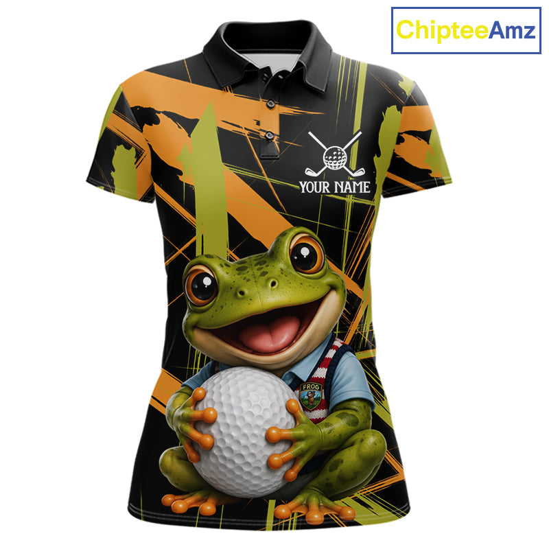 Funny Cute Frog Golf Polo Shirts Custom Yellow & Green Brush Golf Team Outfit, Golf Gifts