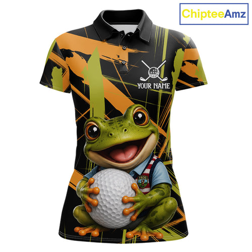 Funny Cute Frog Golf Polo Shirts Custom Yellow & Green Brush Golf Team Outfit, Golf Gifts