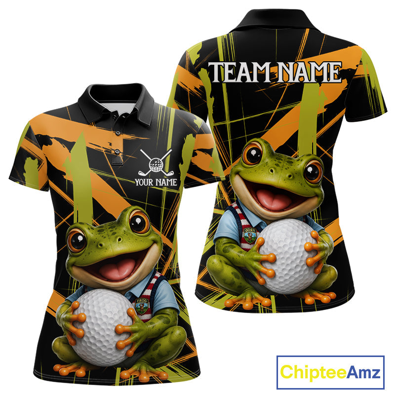 Funny Cute Frog Golf Polo Shirts Custom Yellow & Green Brush Golf Team Outfit, Golf Gifts