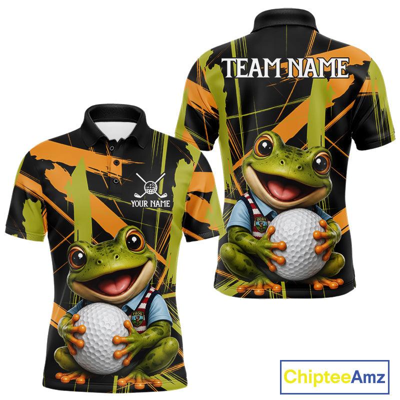 Funny Cute Frog Golf Polo Shirts Custom Yellow & Green Brush Golf Team Outfit, Golf Gifts