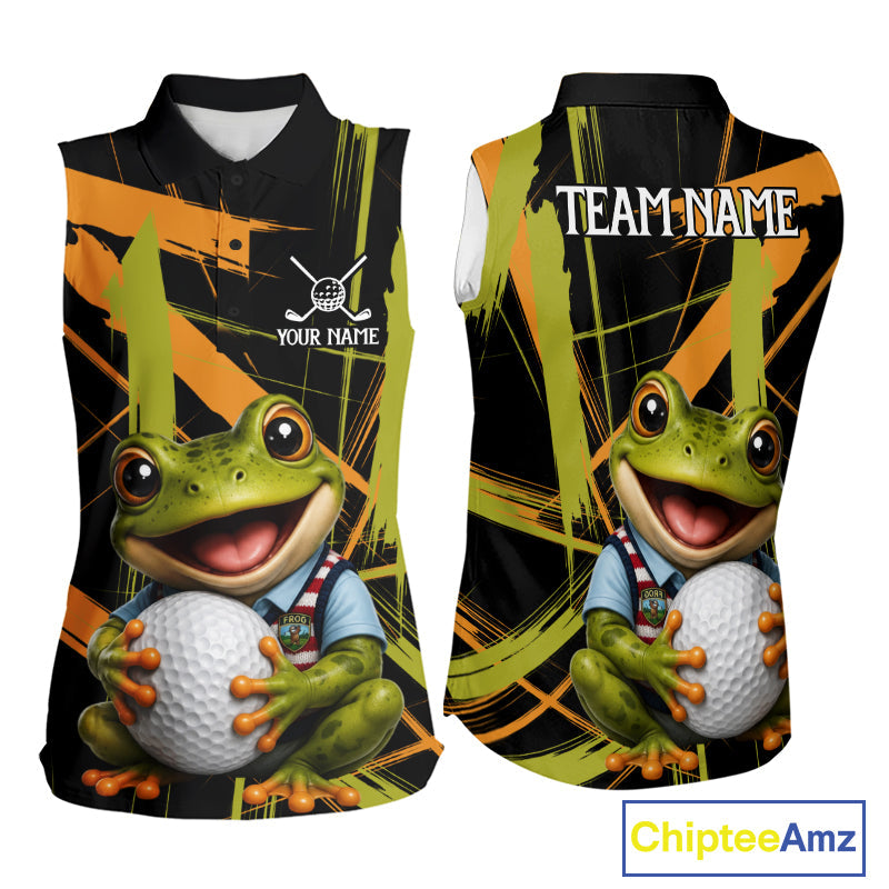 Funny Cute Frog Golf Sleeveless Polo Shirts Custom Yellow & Green Brush Golf Team Outfit, Golf Gifts